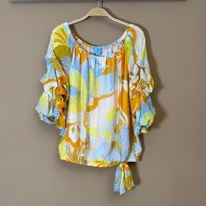 CeCe Yellow, Blue & White Floral Tie-Hem Blouse